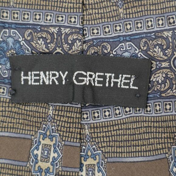 Henry Grethel Baroque Print Blue Brown Floral Wide Silk Tie - Picture 3 of 6